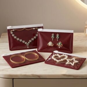 skLazo Jewellery Organiser Pouch Set of 20 | 10x15 cm | Transparent Front & Velvet Inside | Zip Lock Storage for Earrings, Rings, Necklaces & Accessories | Red Brown and Whit