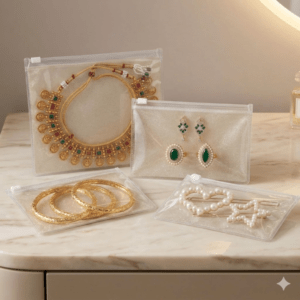 Jewellery Organiser Pouch Set of 25 | 12.5x15 cm | Transparent Front & Inside Gold Finish | Zip Lock Storage for Earrings, Rings, Necklaces & Accessories | Gold