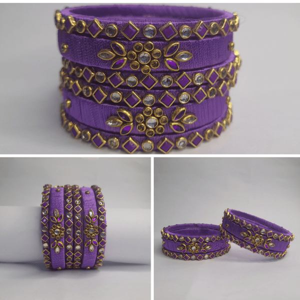 Sklazo Silk Thread Bangles for Women & Girls | Handmade Lightweight Traditional Indian Bangles for Weddings & Festivals | Purple (Set of 6)