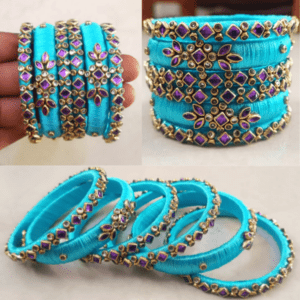 Sklazo Silk Thread Bangles for Women & Girls | Handmade Lightweight Traditional Indian Bangles for Weddings & Festivals | Violet with Blue (Set of 6)