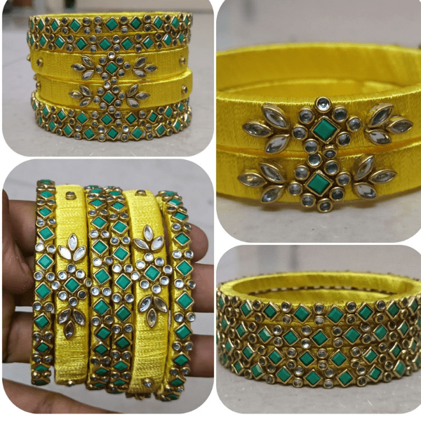 Sklazo Silk Thread Bangles for Women & Girls | Handmade Lightweight Traditional Indian Bangles for Weddings & Festivals | Yellow (Set of 6) - Image 4