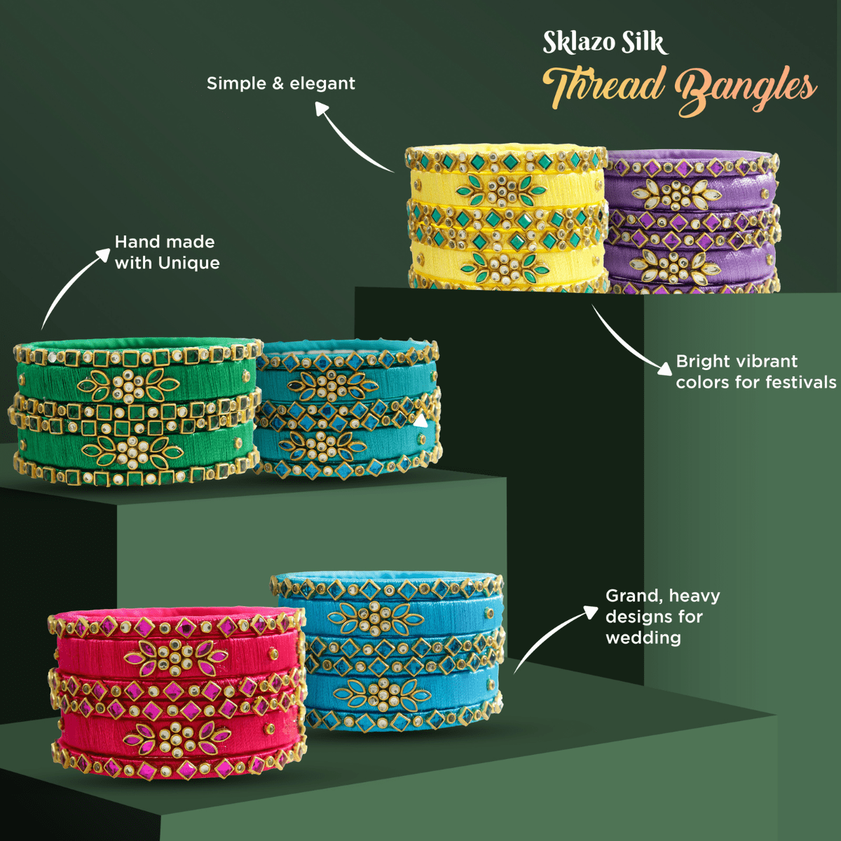 Sklazo Silk Thread Bangles for Women & Girls | Handmade Lightweight Traditional Indian Bangles for Weddings & Festivals | Green ( Set of 6) - Image 5