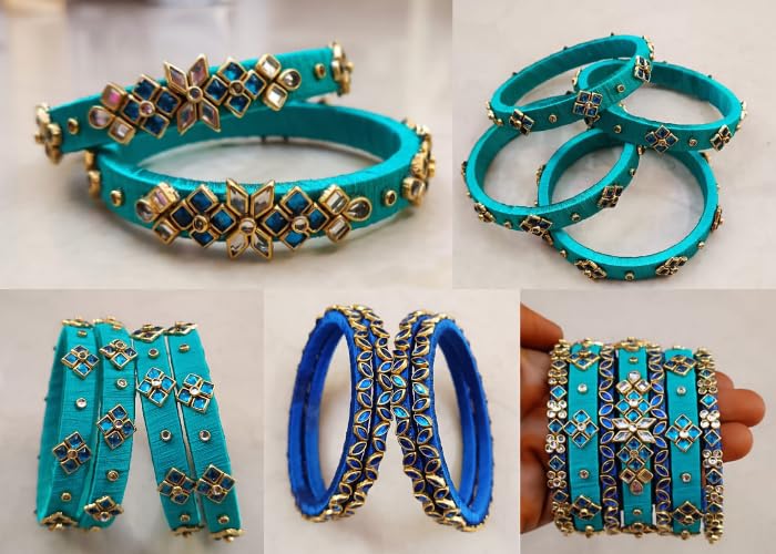 Sklazo Silk Thread Bangles for Women & Girls | Handmade Lightweight Traditional Indian Bangles for Weddings & Festivals | Sky Blue with Blue (Set of 14) - Image 5