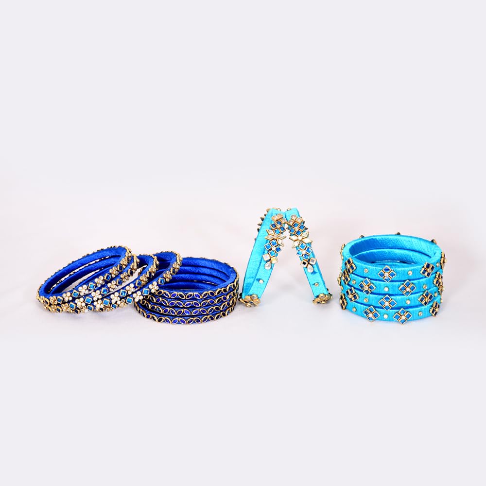 Sklazo Silk Thread Bangles for Women & Girls | Handmade Lightweight Traditional Indian Bangles for Weddings & Festivals | Sky Blue with Blue (Set of 14) - Image 7