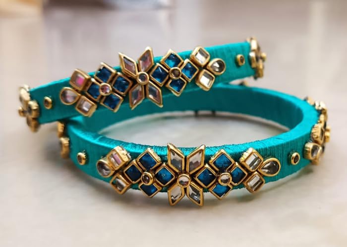 Sklazo Silk Thread Bangles for Women & Girls | Handmade Lightweight Traditional Indian Bangles for Weddings & Festivals | Sky Blue with Blue (Set of 14) - Image 3