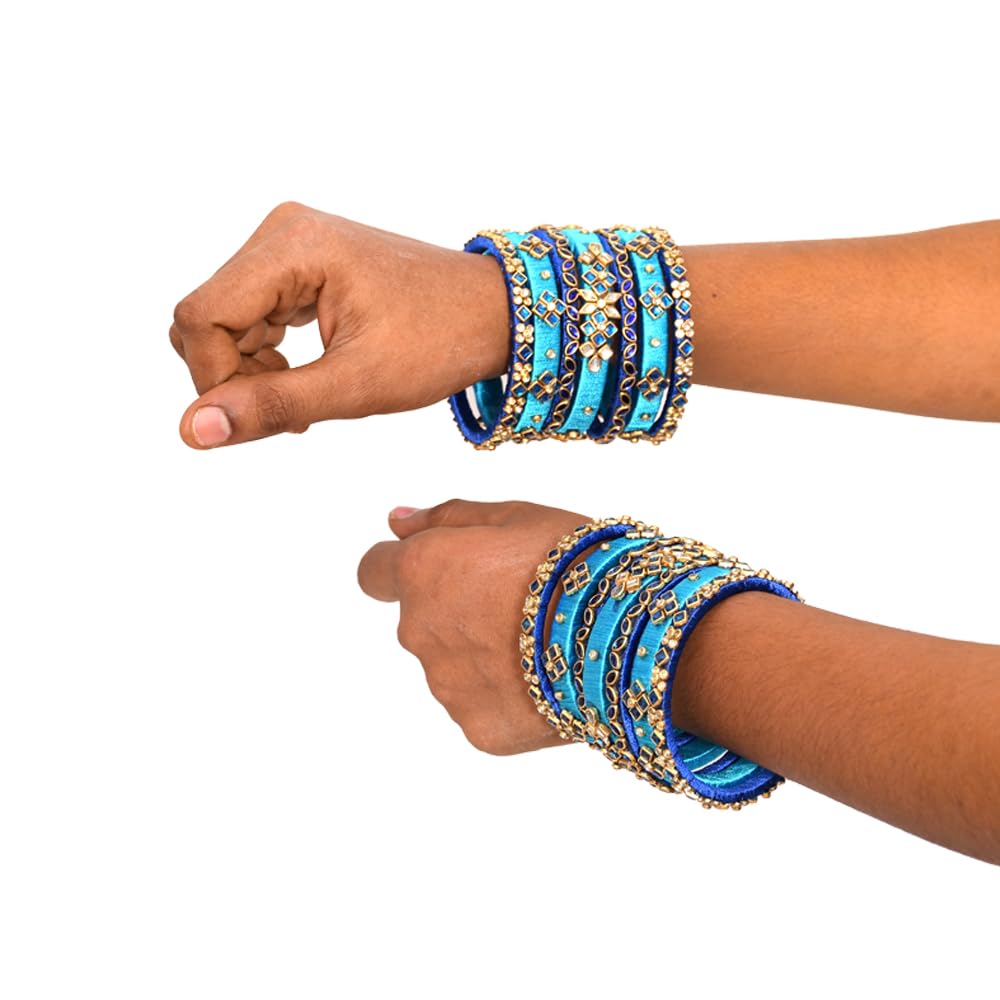 Sklazo Silk Thread Bangles for Women & Girls | Handmade Lightweight Traditional Indian Bangles for Weddings & Festivals | Sky Blue with Blue (Set of 14)