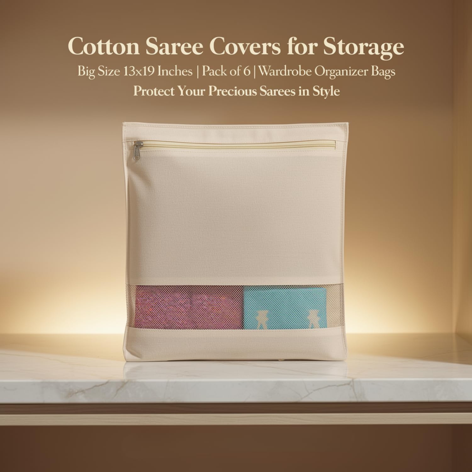 skLazo | Cotton Saree Covers for Storage | Big Size 13x19 Inches with Zip Closure | Transparent Mesh Window | Foldable Wardrobe Organizer Bags for Clothes, Sarees & Garments (Beige) - Image 2