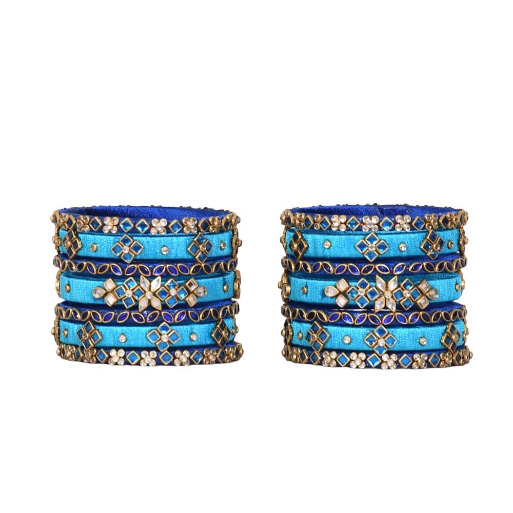 Sklazo Silk Thread Bangles for Women & Girls | Handmade Lightweight Traditional Indian Bangles for Weddings & Festivals | Sky Blue with Blue (Set of 14) - Image 4