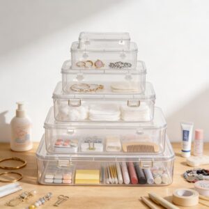 Multipurpose Transparent Plastic Storage Box Organizer for Jewellery, Baby Care, Medicine & Stationery & Cards | Stackable with Secure Lid | Foldable Wardrobe Organizer, Set of 6 boxes