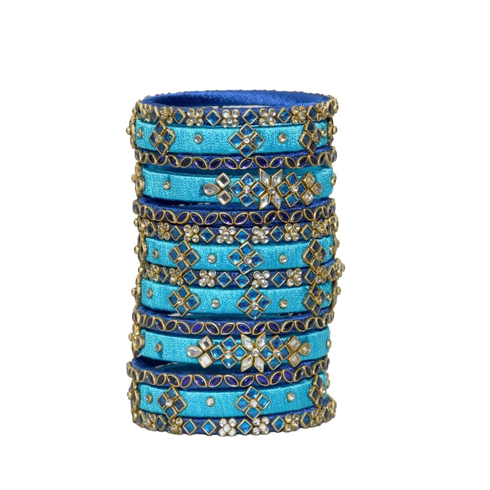 Sklazo Silk Thread Bangles for Women & Girls | Handmade Lightweight Traditional Indian Bangles for Weddings & Festivals | Sky Blue with Blue (Set of 14) - Image 10