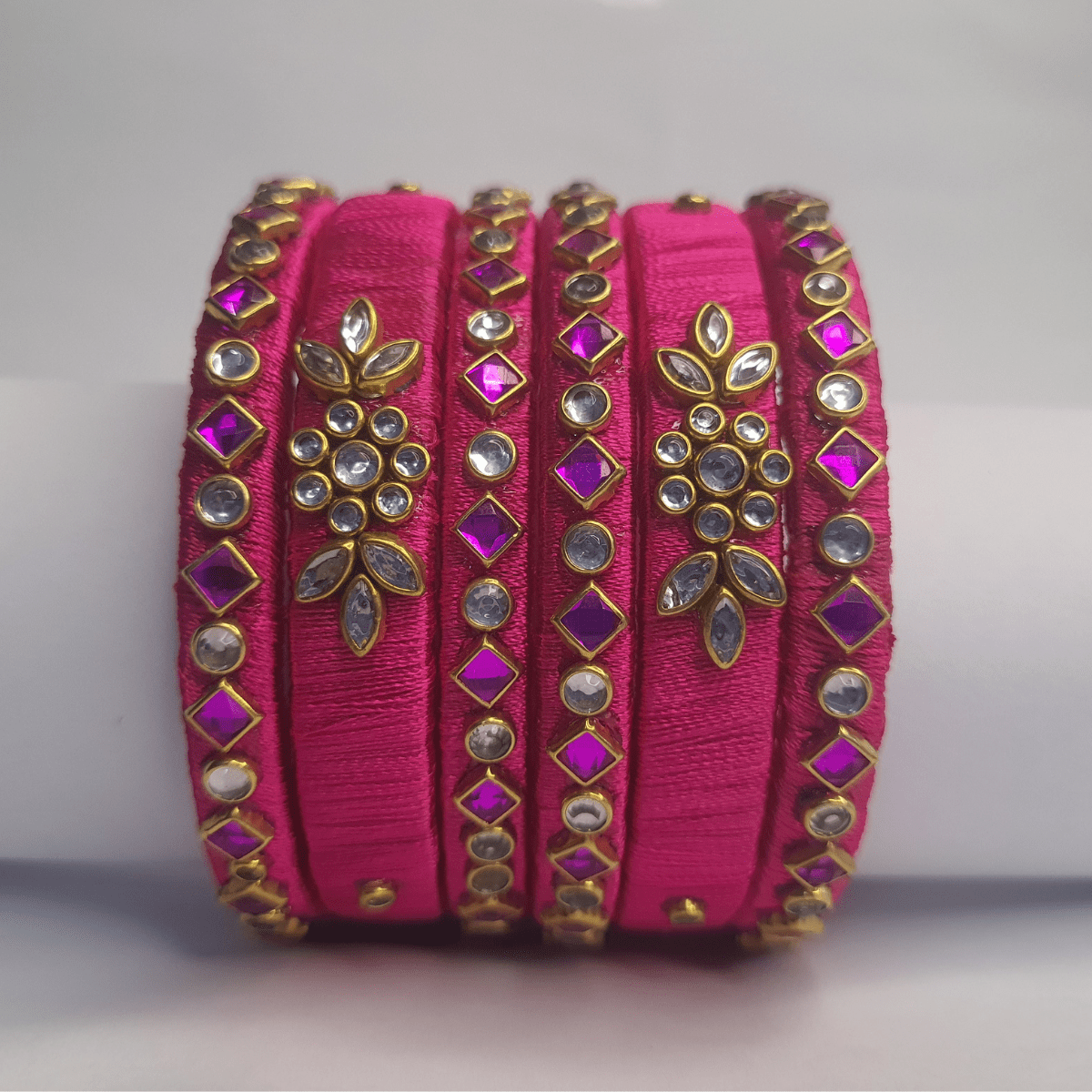 Sklazo Silk Thread Bangles for Women & Girls | Handmade Lightweight Traditional Indian Bangles for Weddings & Festivals | Pink (Set of 6) - Image 3
