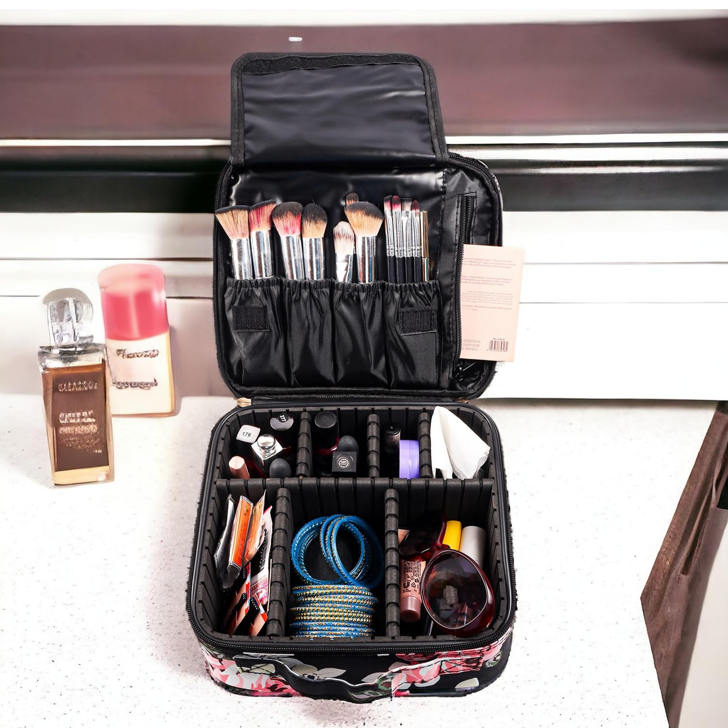 skLazo Travel-Friendly Cosmetic Makeup Organizer Bag with Adjustable Compartments - Professional Toiletry Vanity Kit | Makeup Kit Storage Box | Cosmetic Bag | Makeup Brush Organizer (Black Marble) - Image 5