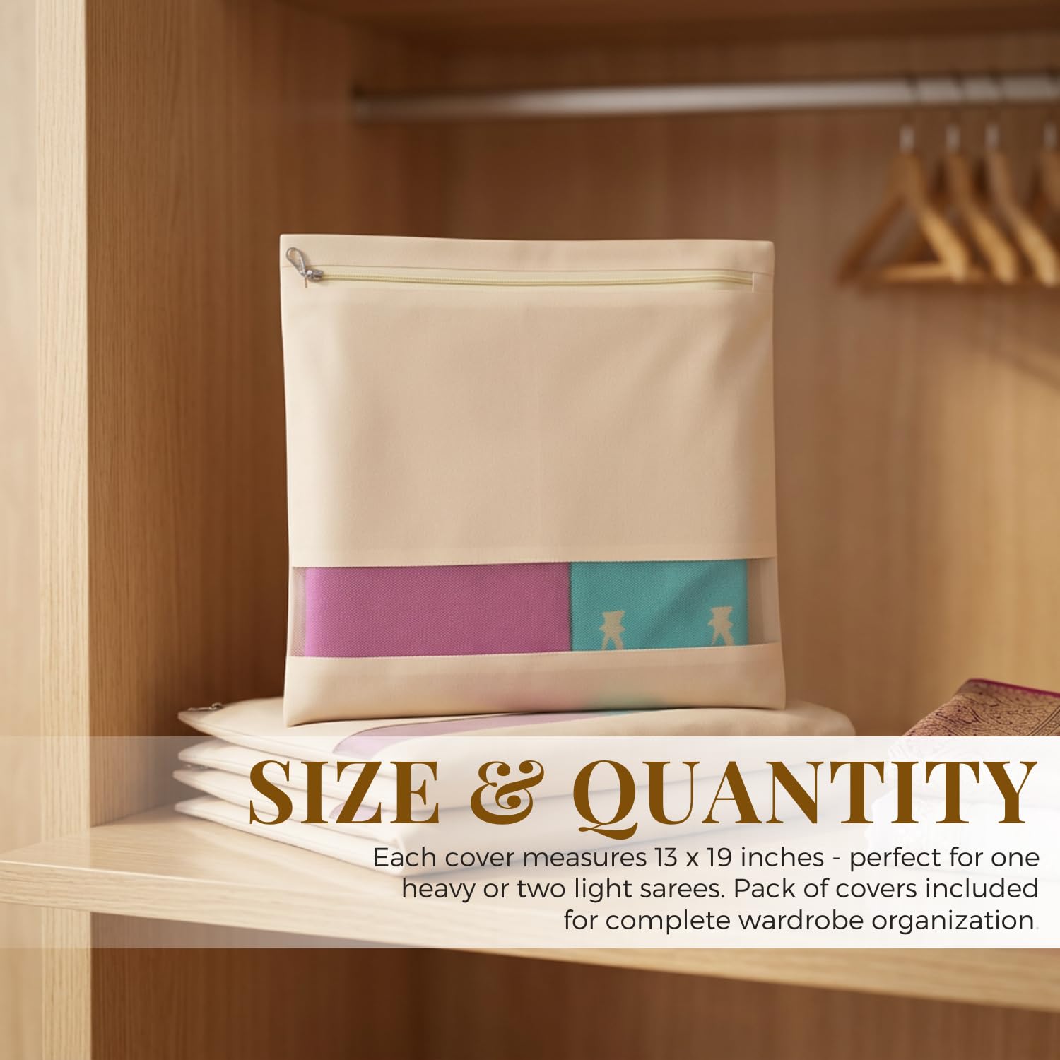 skLazo | Cotton Saree Covers for Storage | Big Size 13x19 Inches with Zip Closure | Transparent Mesh Window | Foldable Wardrobe Organizer Bags for Clothes, Sarees & Garments (Beige) - Image 3
