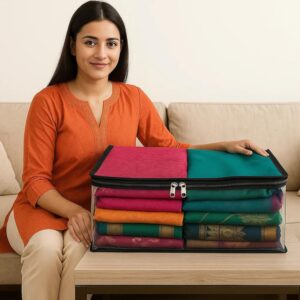skLazo | PVC Transparent Saree Organizer for Wardrobe | Clothes Storage Bag with Zip Closure & Dual Handles | Clear Saree Cover for Storage, Lehengas & Garments | Size 46x30x20 cm