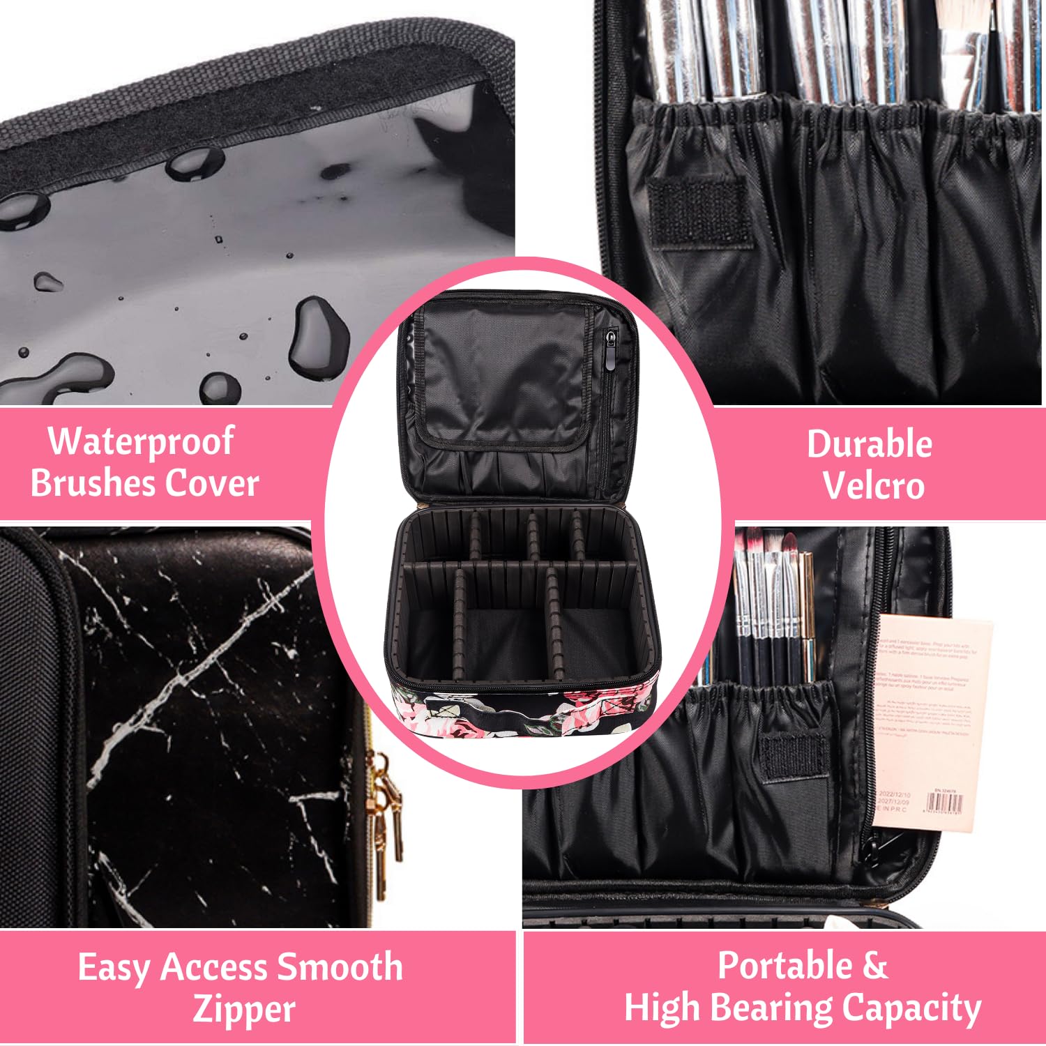skLazo Travel-Friendly Cosmetic Makeup Organizer Bag with Adjustable Compartments - Professional Toiletry Vanity Kit | Makeup Kit Storage Box | Cosmetic Bag | Makeup Brush Organizer (Black Marble) - Image 3