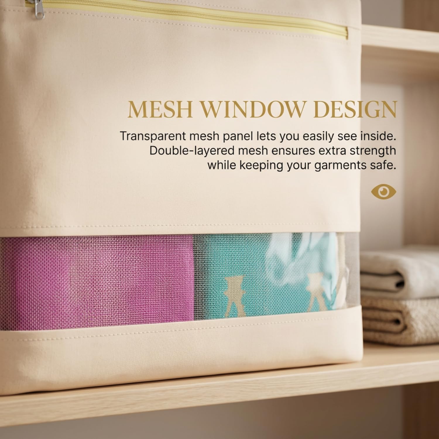 skLazo | Cotton Saree Covers for Storage | Big Size 13x19 Inches with Zip Closure | Transparent Mesh Window | Foldable Wardrobe Organizer Bags for Clothes, Sarees & Garments (Beige) - Image 4