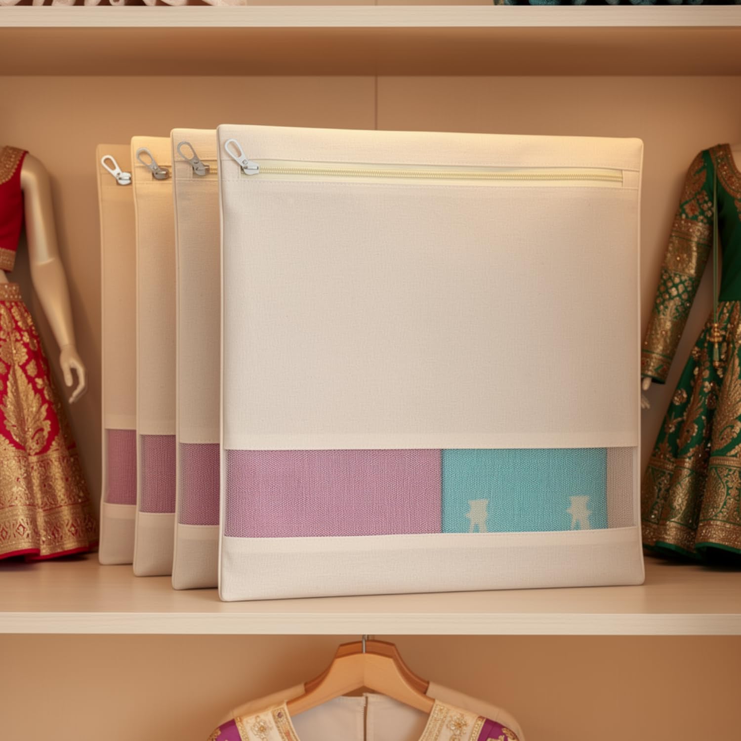 skLazo | Cotton Saree Covers for Storage | Big Size 13x19 Inches with Zip Closure | Transparent Mesh Window | Foldable Wardrobe Organizer Bags for Clothes, Sarees & Garments (Beige) - Image 7