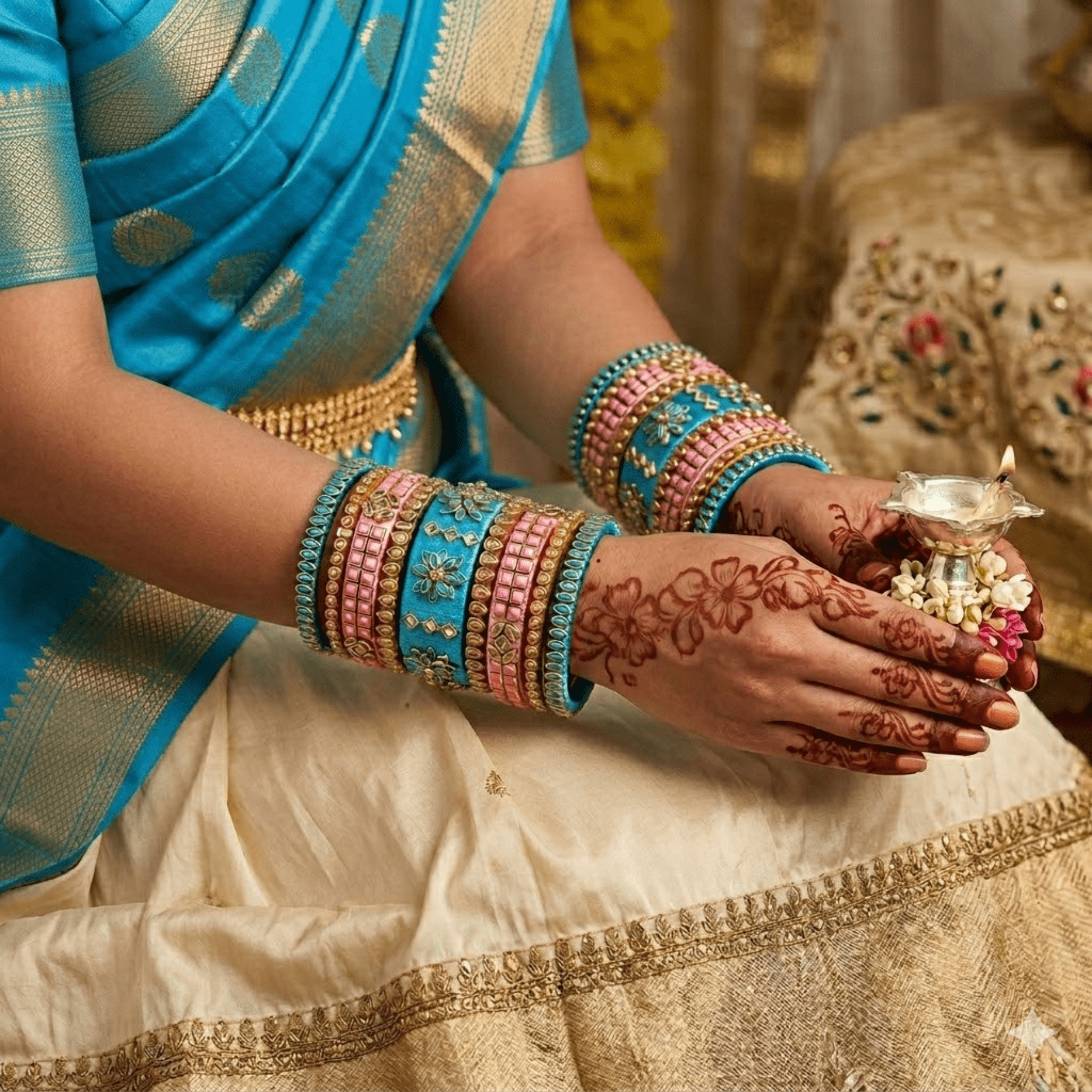 Sklazo Silk Thread Bangles for Women & Girls | Handmade Traditional Bangles for Weddings & Festivals | Baby Pink with Blue (Set of 9) - Image 2
