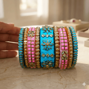 Sklazo Silk Thread Bangles for Women & Girls | Handmade Traditional Bangles for Weddings & Festivals | Baby Pink with Blue (Set of 9)