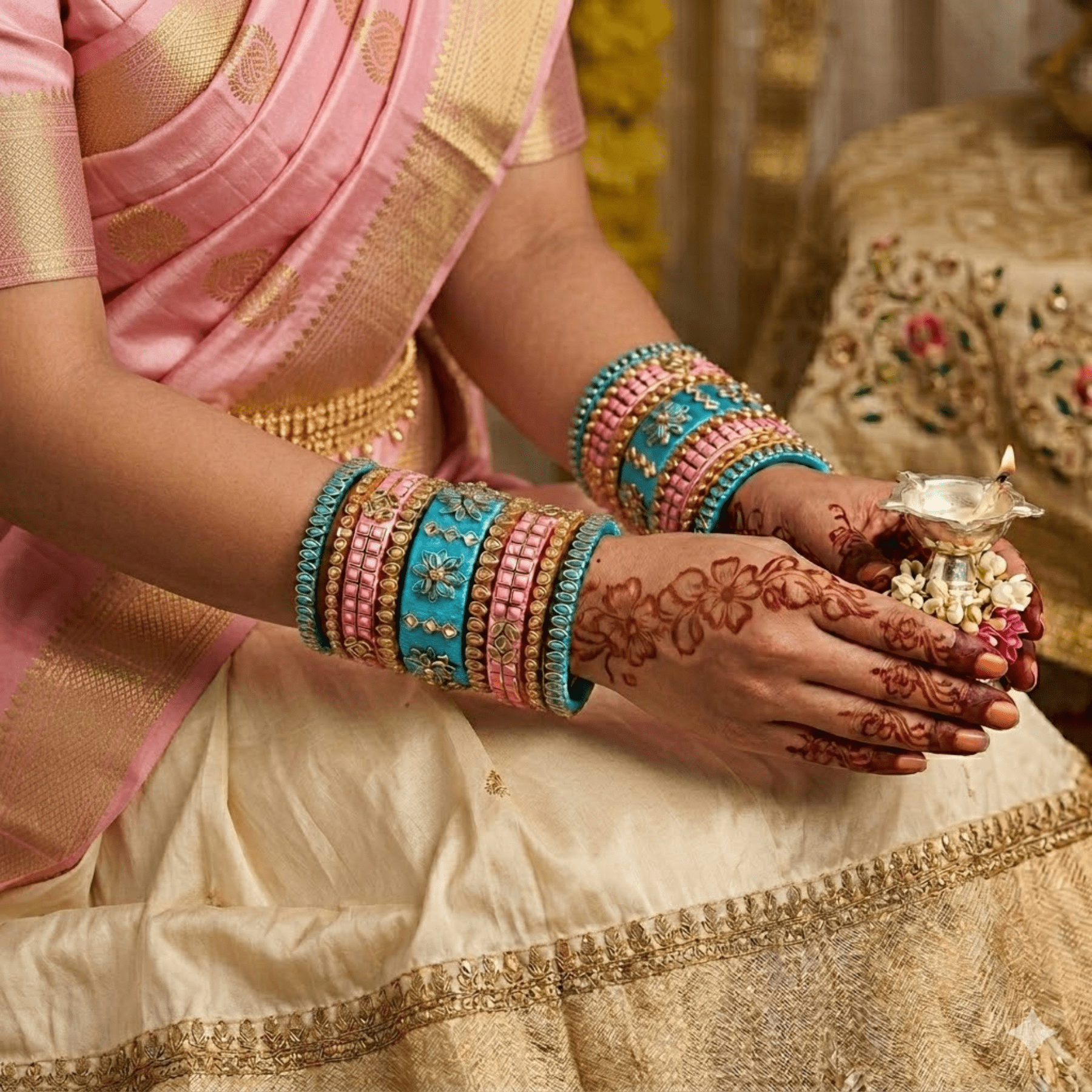 Sklazo Silk Thread Bangles for Women & Girls | Handmade Traditional Bangles for Weddings & Festivals | Baby Pink with Blue (Set of 9) - Image 3