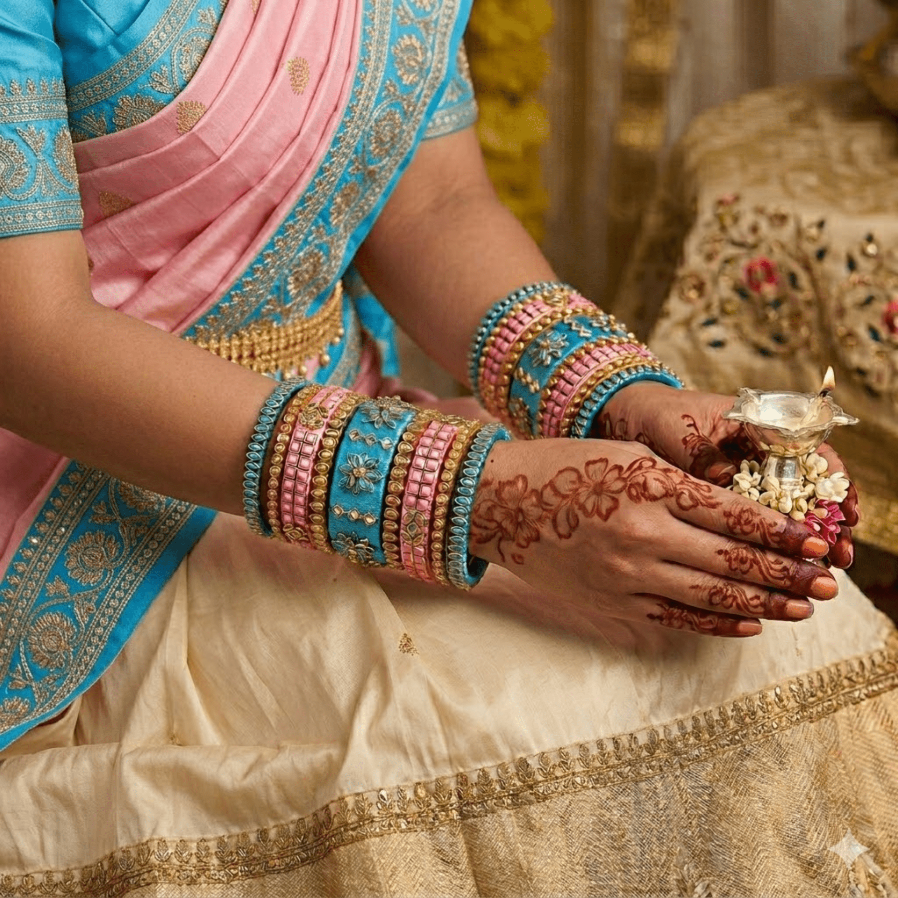 Sklazo Silk Thread Bangles for Women & Girls | Handmade Traditional Bangles for Weddings & Festivals | Baby Pink with Blue (Set of 9) - Image 5