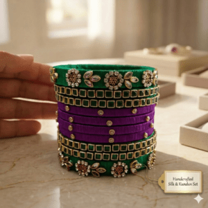 Sklazo Silk Thread Bangles for Women & Girls | Handmade Traditional Bangles for Weddings & Festivals | Dark Green with Violet (Set of 10)
