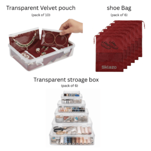 Jewellery Organiser Pouch Set of 15 | Shoe Storage Pouch for Men & Women | Multipurpose Transparent Plastic Storage Box Set of 6