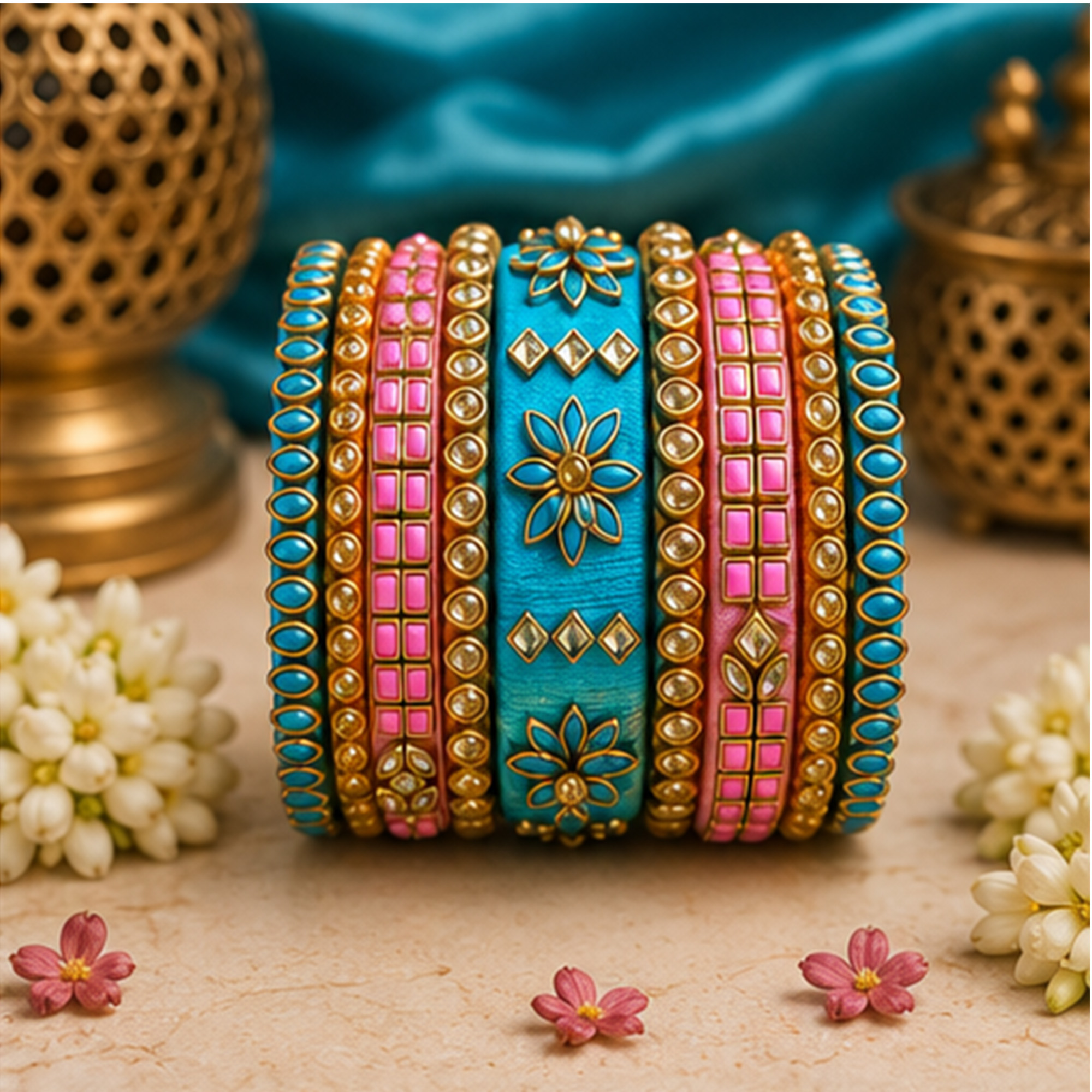 sklazo-baby-pink-and-blue-floral-silk-thread-bangles-hero Baby Pink and Blue Floral Silk Thread Bangles Product Display