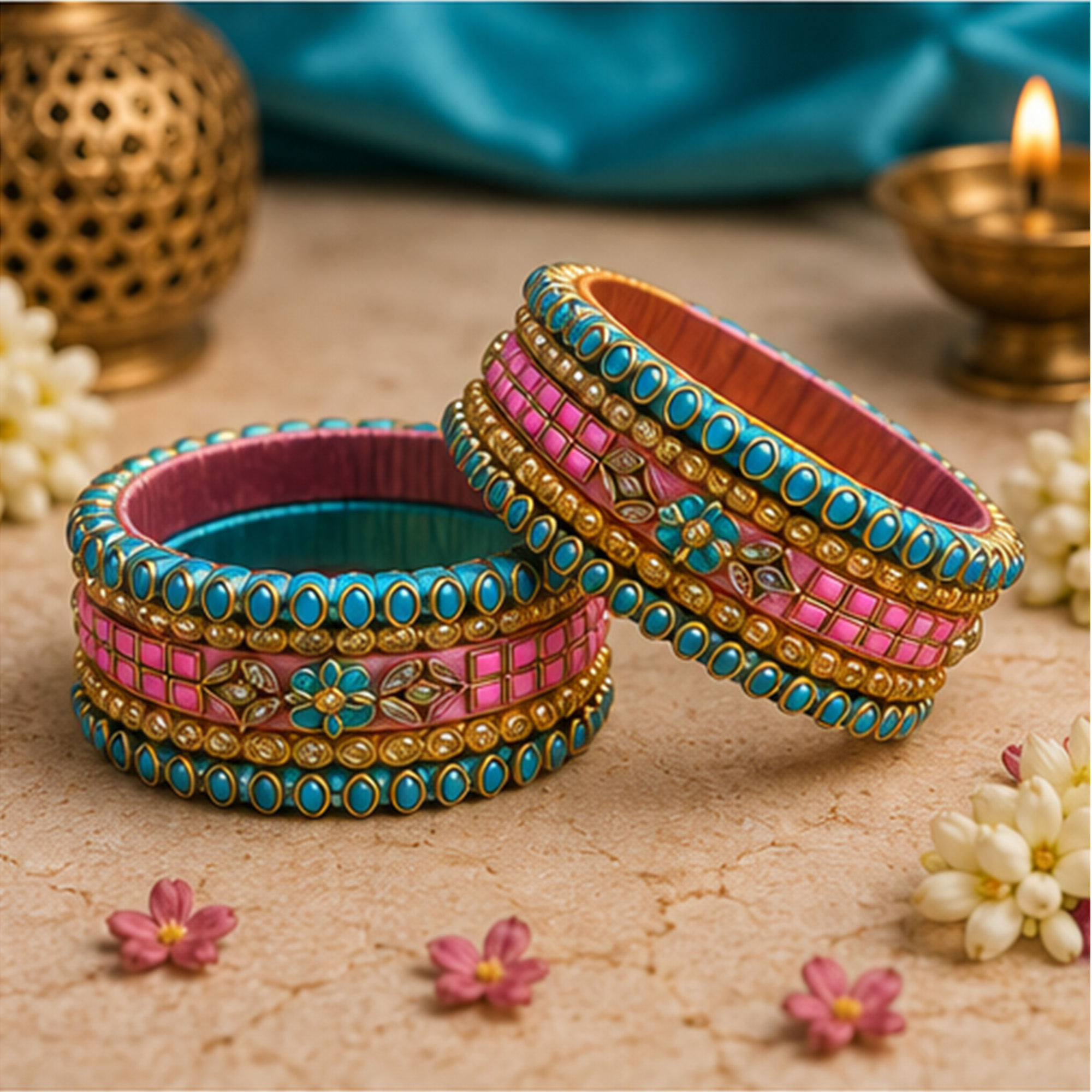 Baby Pink and Blue Floral Silk Thread Bangles Lifestyle Display