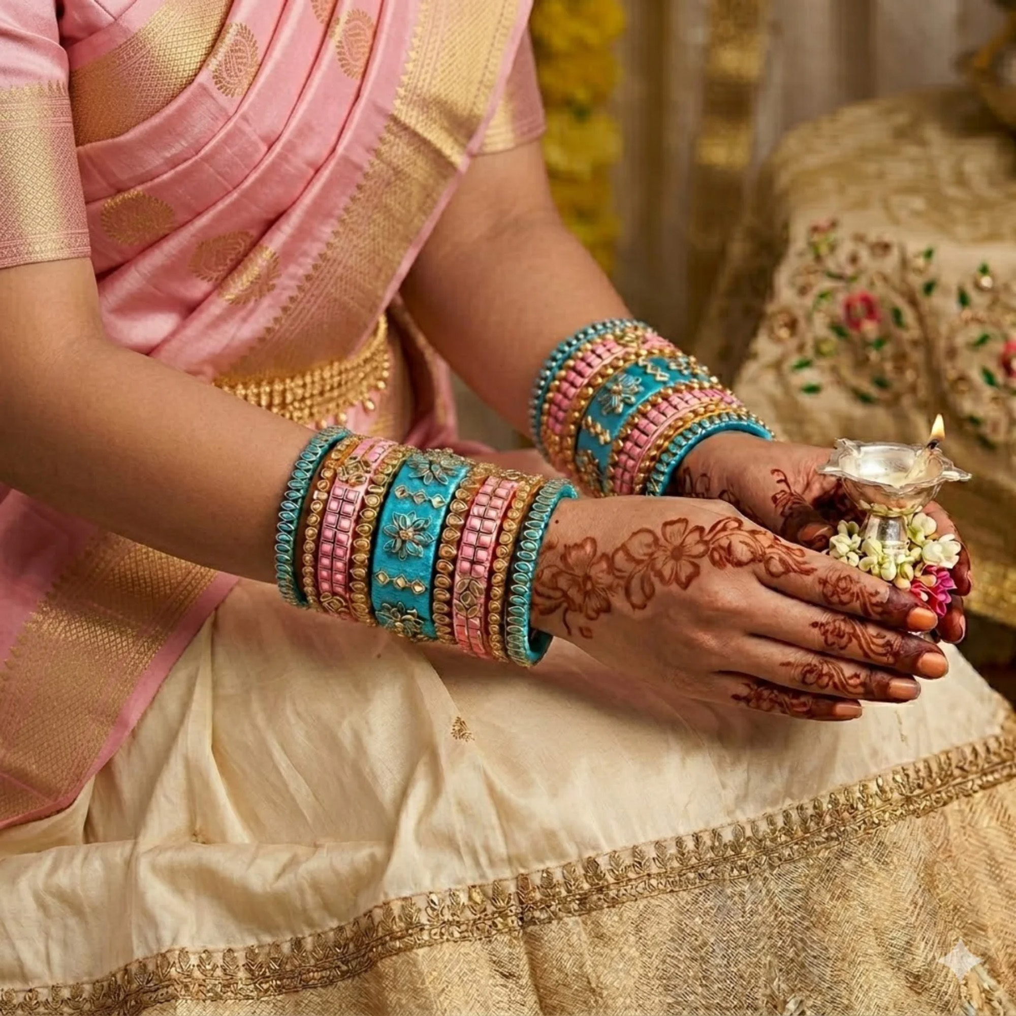 Baby Pink and Blue Floral Silk Thread Bangles Worn by Woman