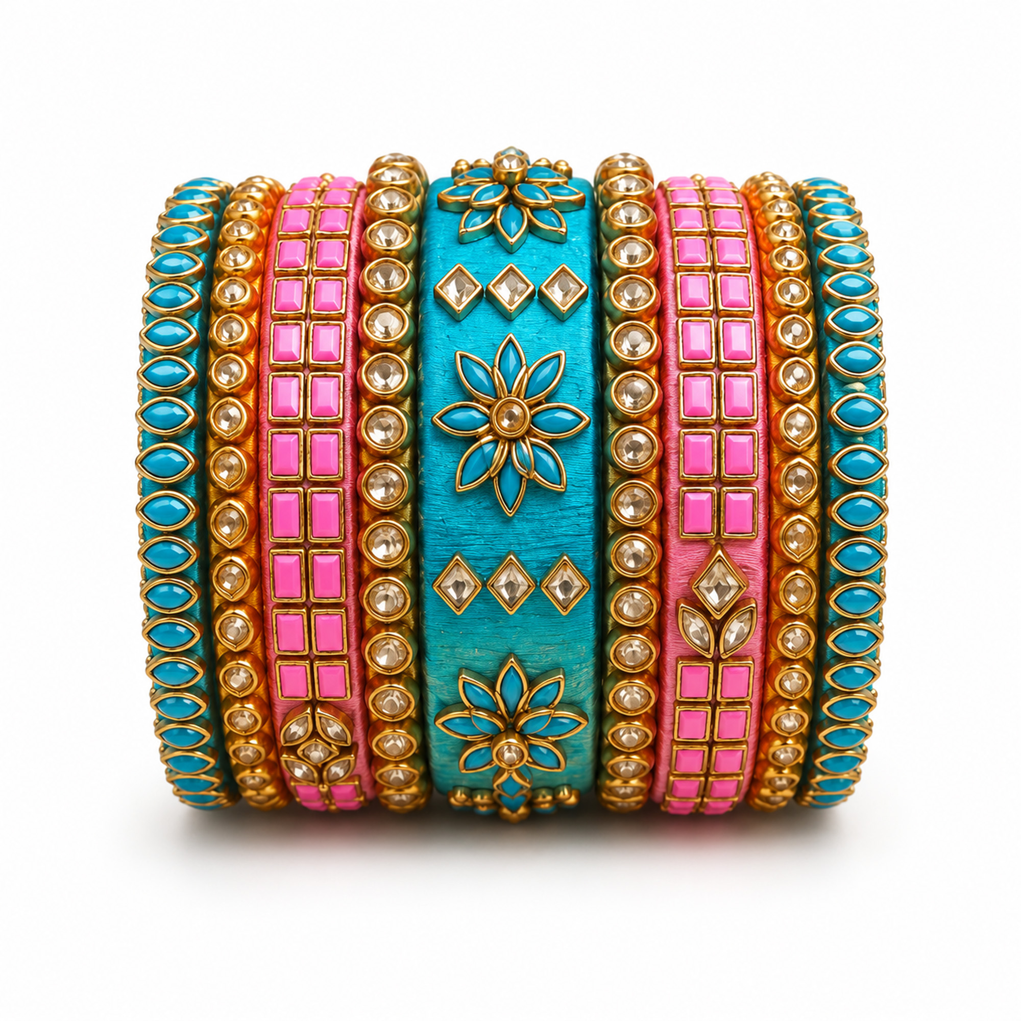 Baby Pink and Blue Floral Silk Thread Bangles on White Background