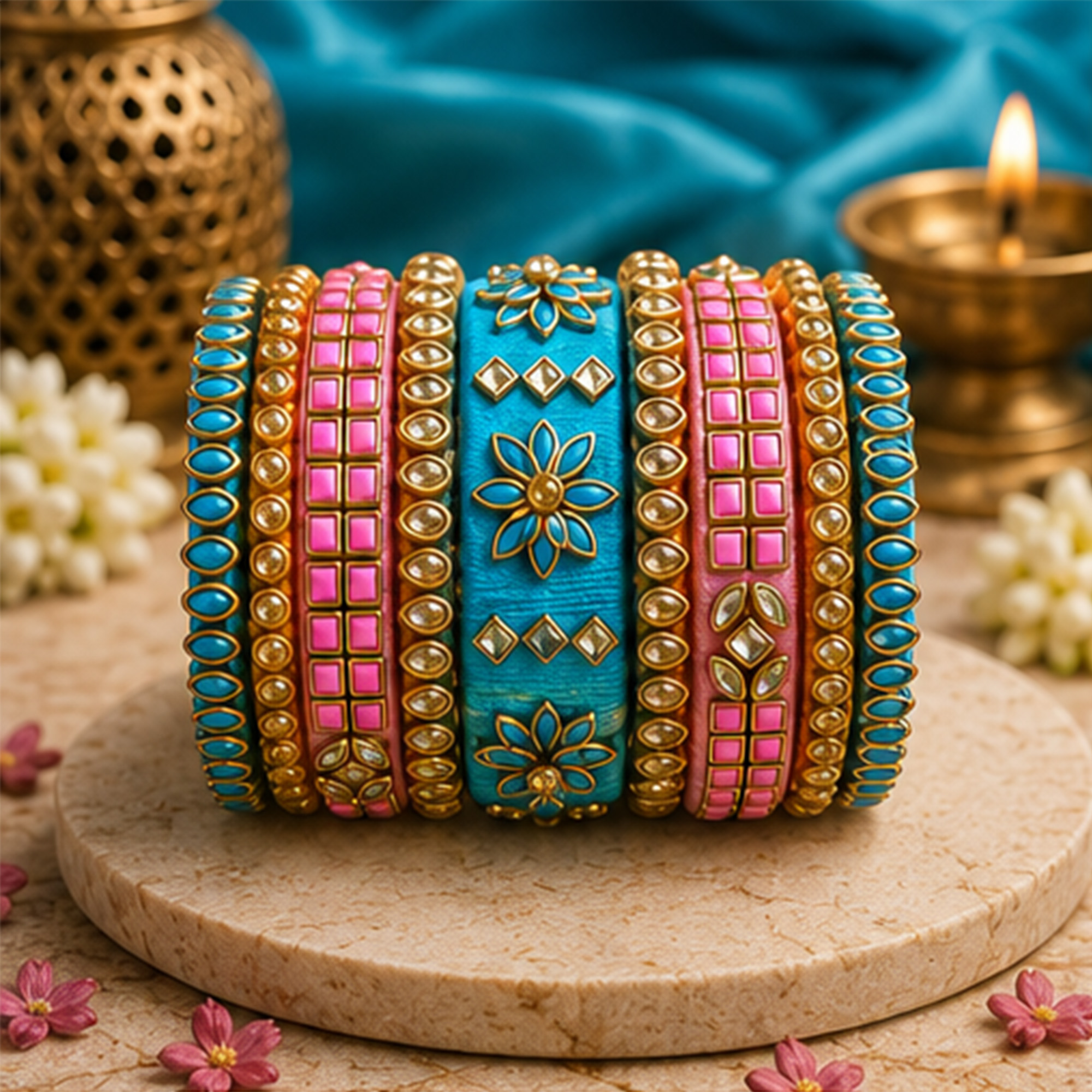 Baby Pink and Blue Floral Silk Thread Bangles Lifestyle Display