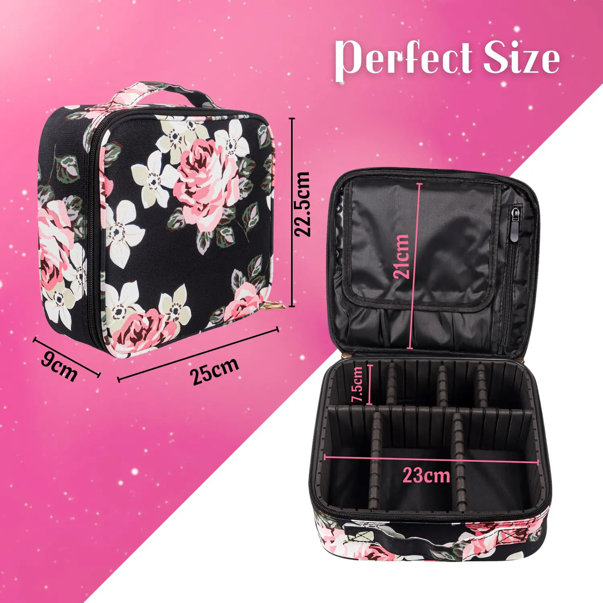 Black Marble Travel Cosmetic Organizer Bag Size Display