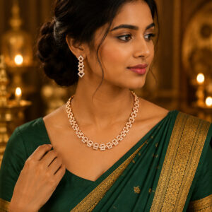 Classic Square Pattern Gold Necklace Set Worn by Woman