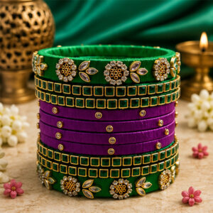 Dark Green and Violet Designer Silk Thread Bangles Product Display