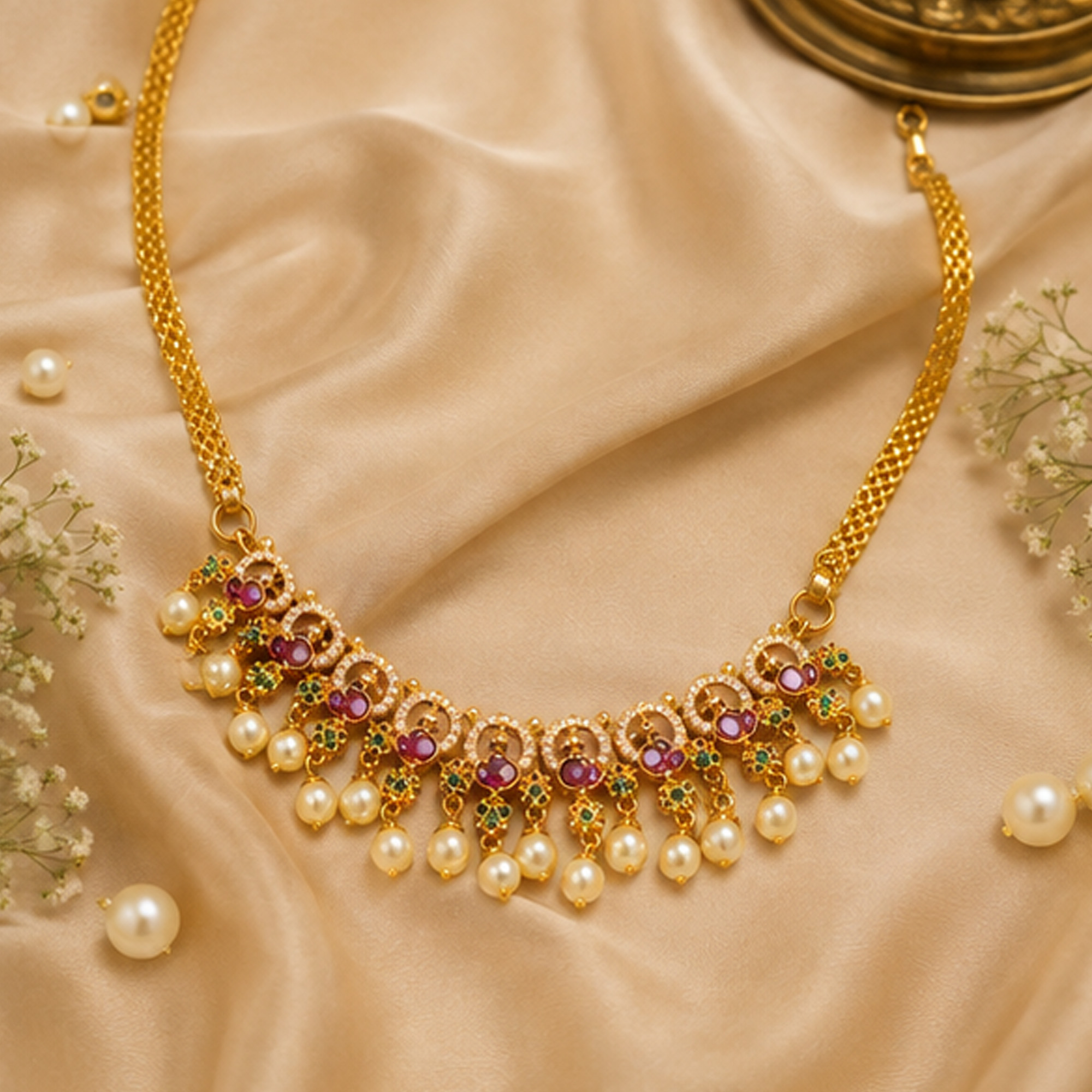 Elegant Pearl Drop Gold Necklace Set on Silk Background