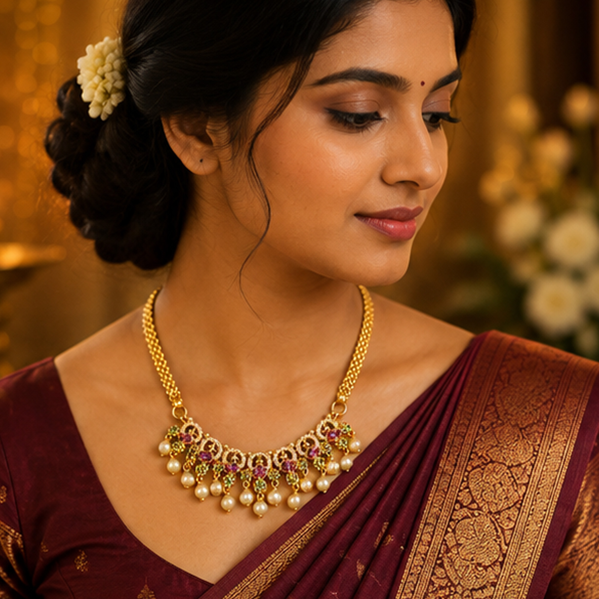 Elegant Pearl Drop Gold Necklace Set Model Image