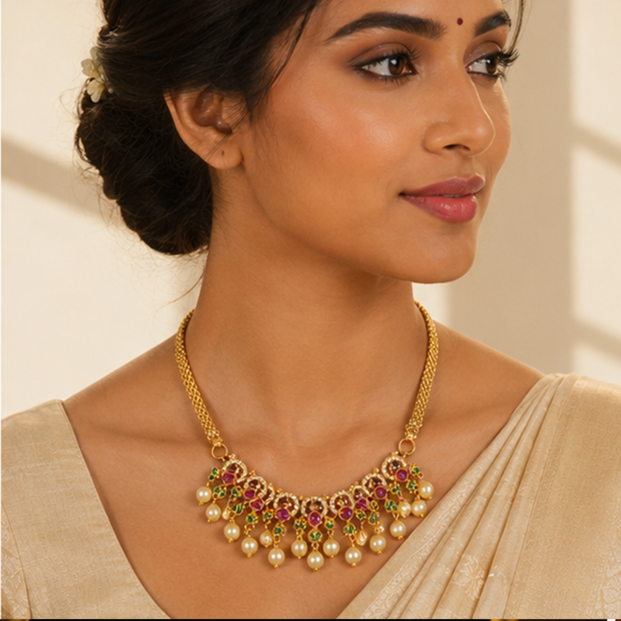 Elegant Pearl Drop Gold Necklace Set Worn by Woman
