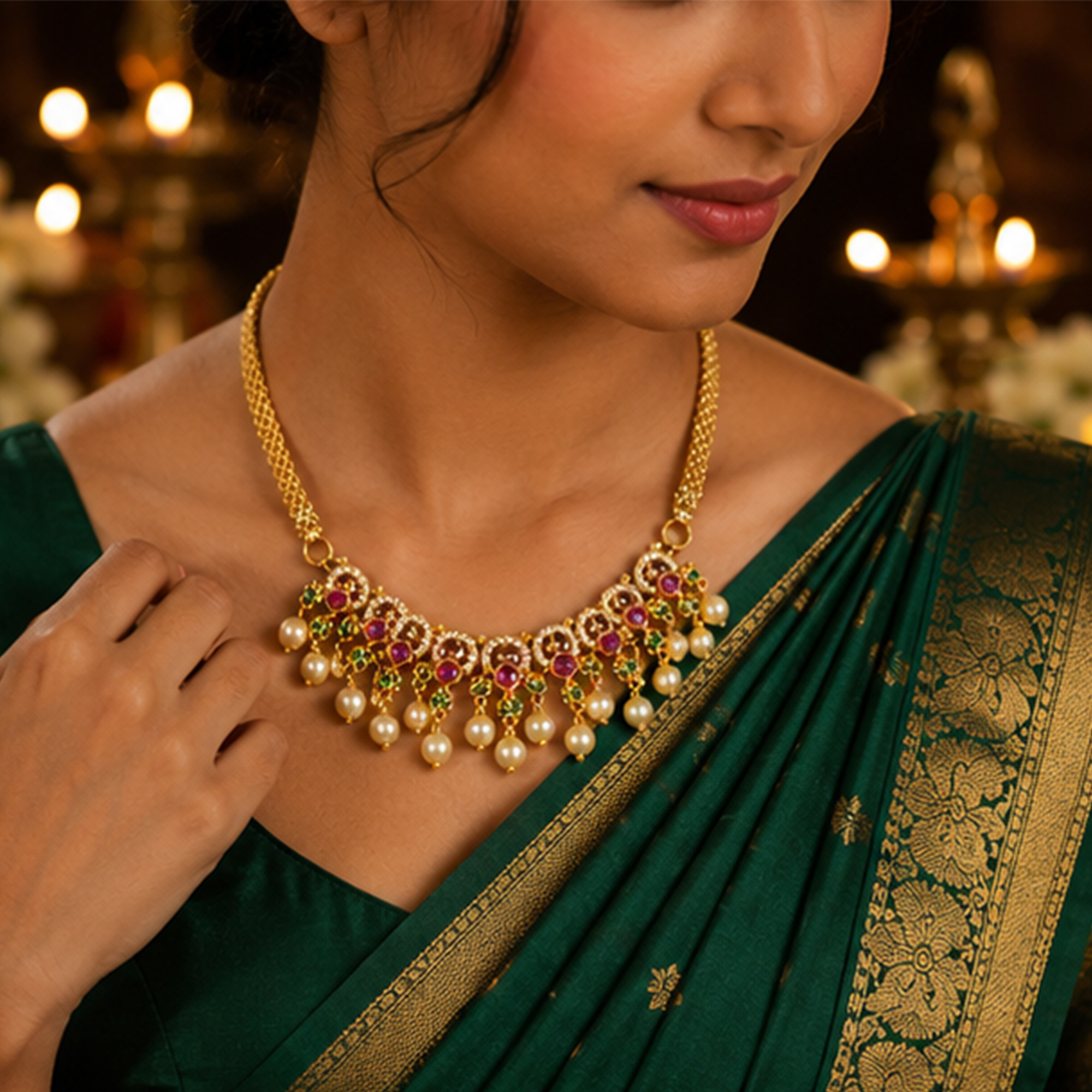 Elegant Pearl Drop Gold Necklace Set Close-Up