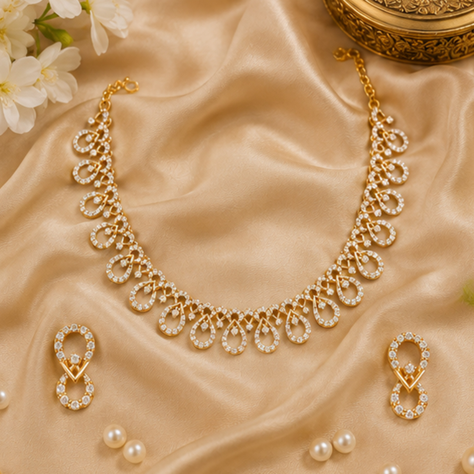 Elegant Teardrop Diamond Style Necklace Set on Silk Background