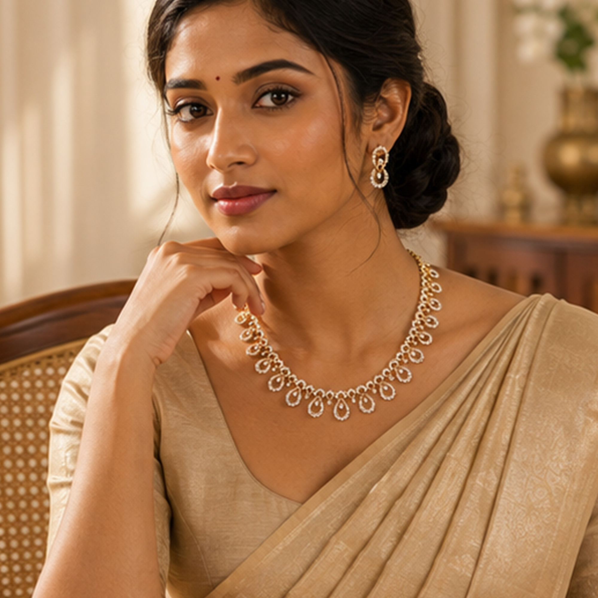 Elegant Teardrop Diamond Style Necklace Set Model Image