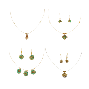 Gold floral necklace and matching earrings with emerald green accents, featuring elegant traditional designs for women