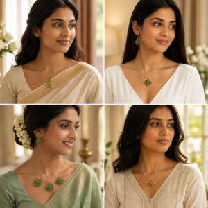 Emerald green floral gold necklace and matching earrings styled on women in traditional sarees and elegant outfits