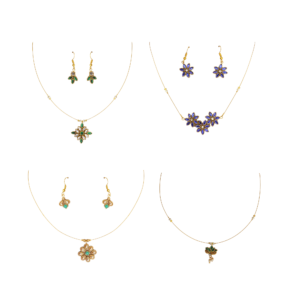 Gold invisible chain necklace and matching earrings with elegant green and blue floral gemstone designs for women