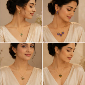 Elegant gold invisible chain necklace and matching earrings showcased on a woman, featuring green, blue, and floral-inspired gemstone designs.