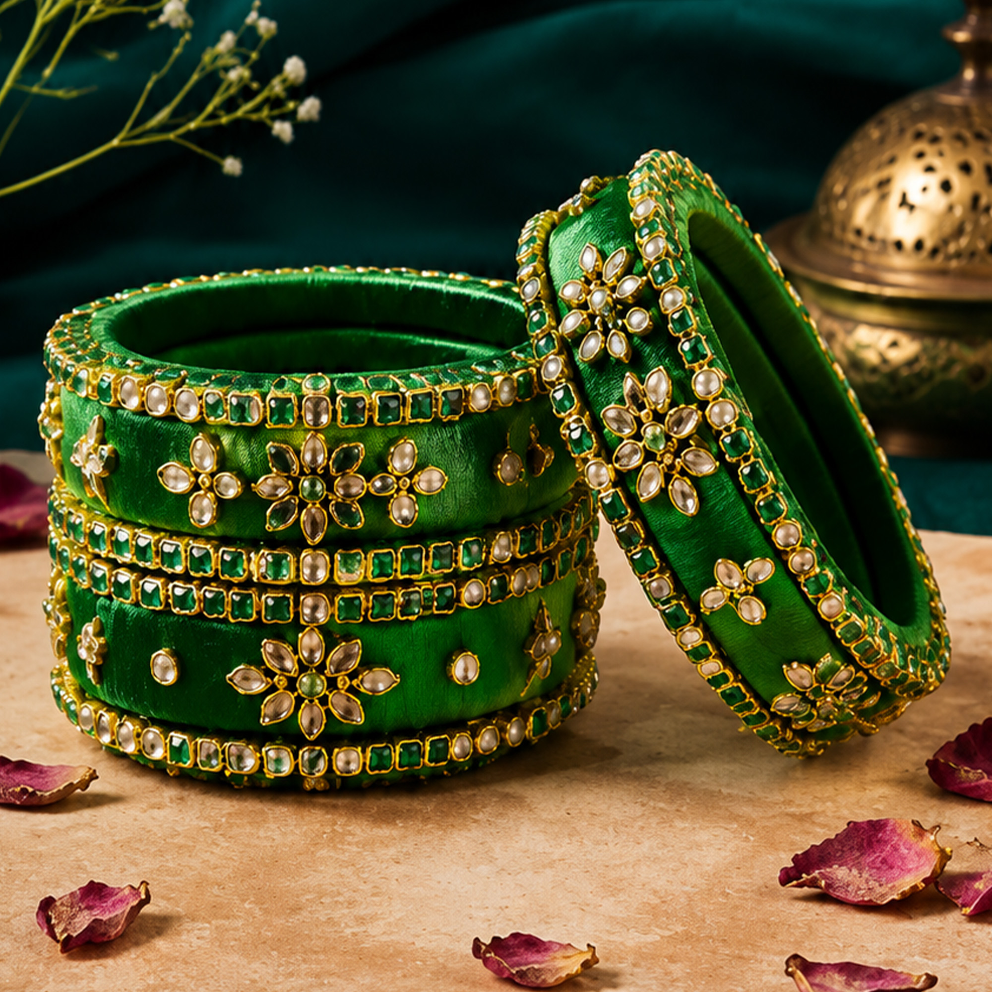 Emerald green and gold silk thread bangles in an elegant lifestyle setting
