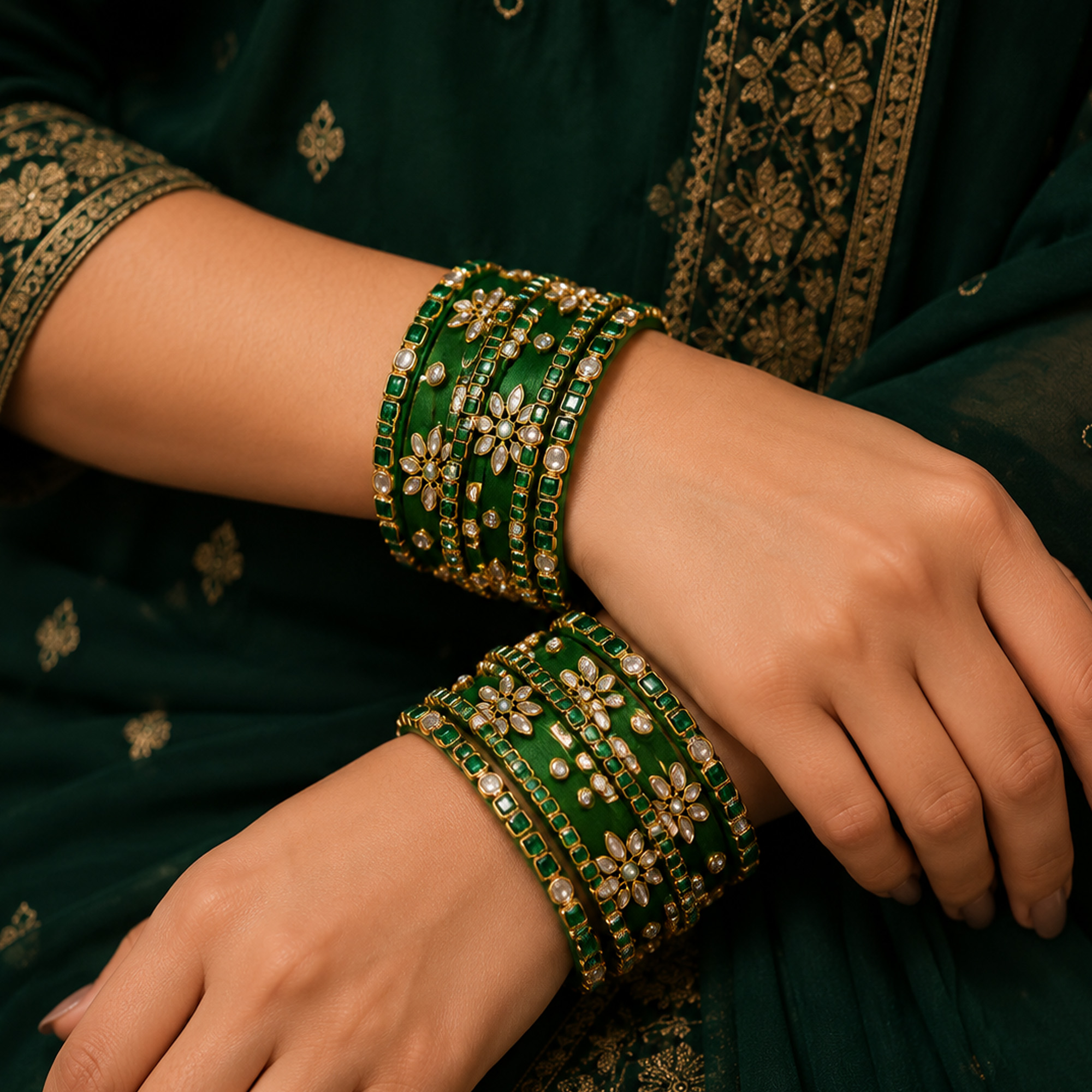 Emerald green and gold silk thread bangles worn by a woman