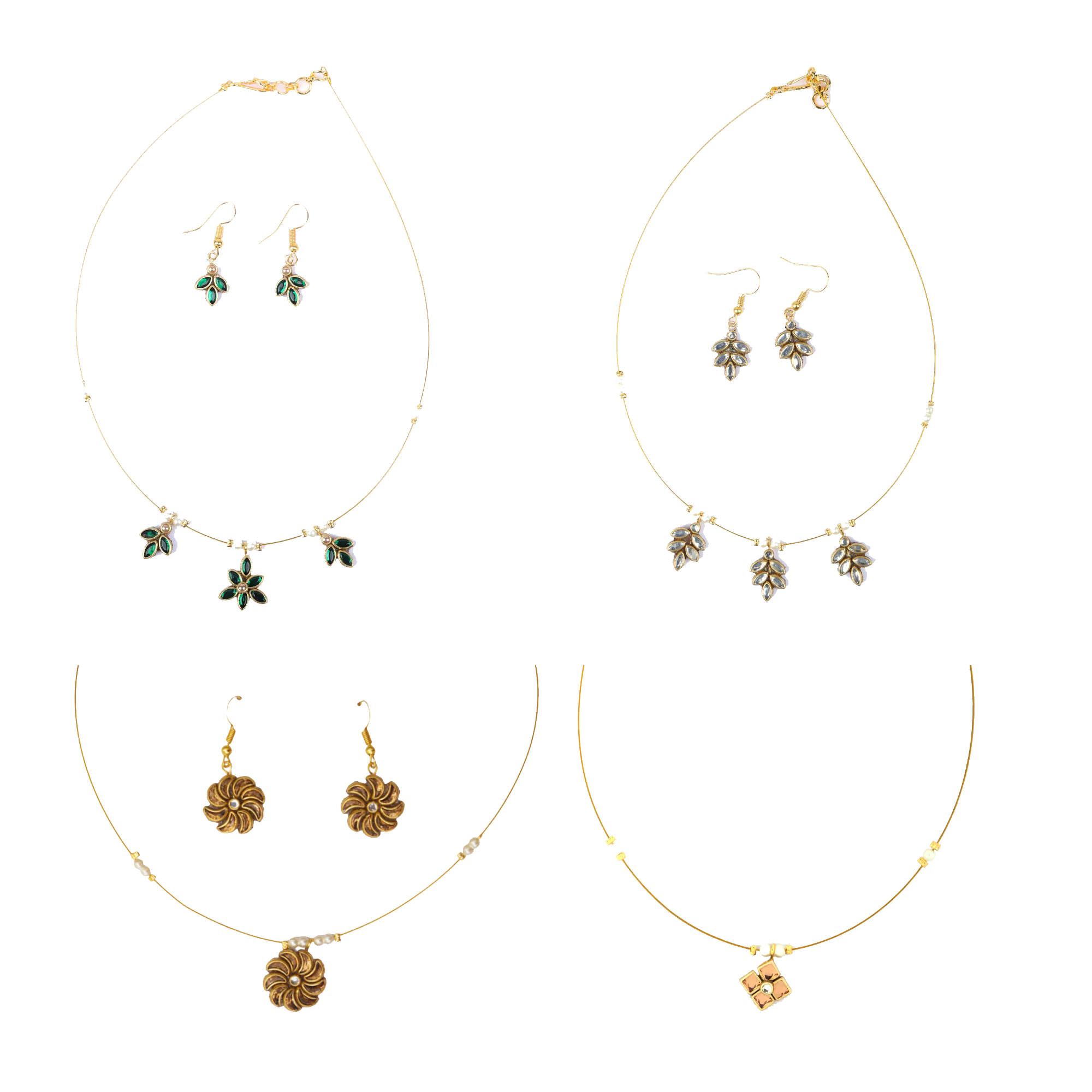 sklazo-golden-bloom-invisible-chain Gold floral invisible chain necklace sets with matching earrings for women