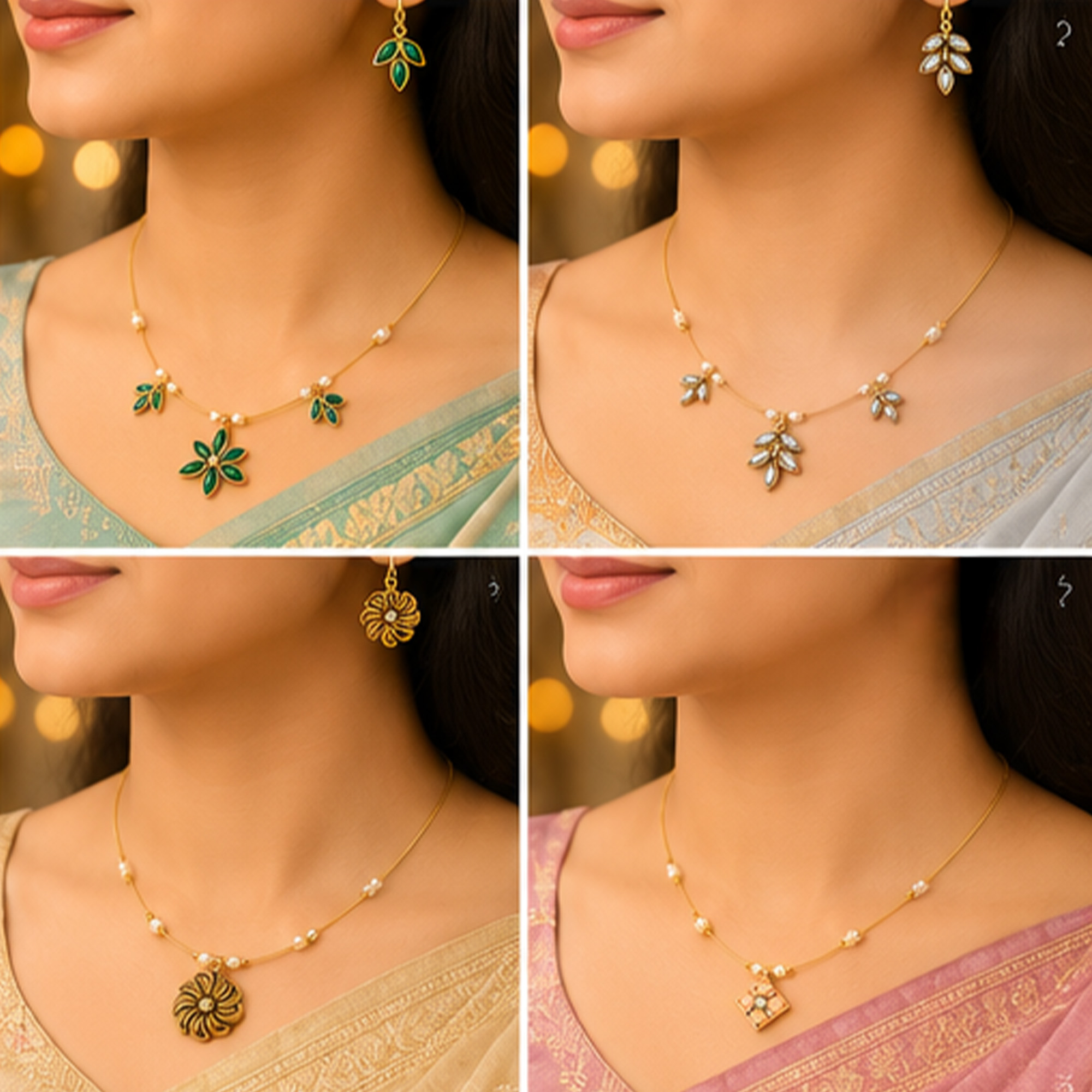 Gold floral invisible chain necklace and earrings for women, shown worn with sarees