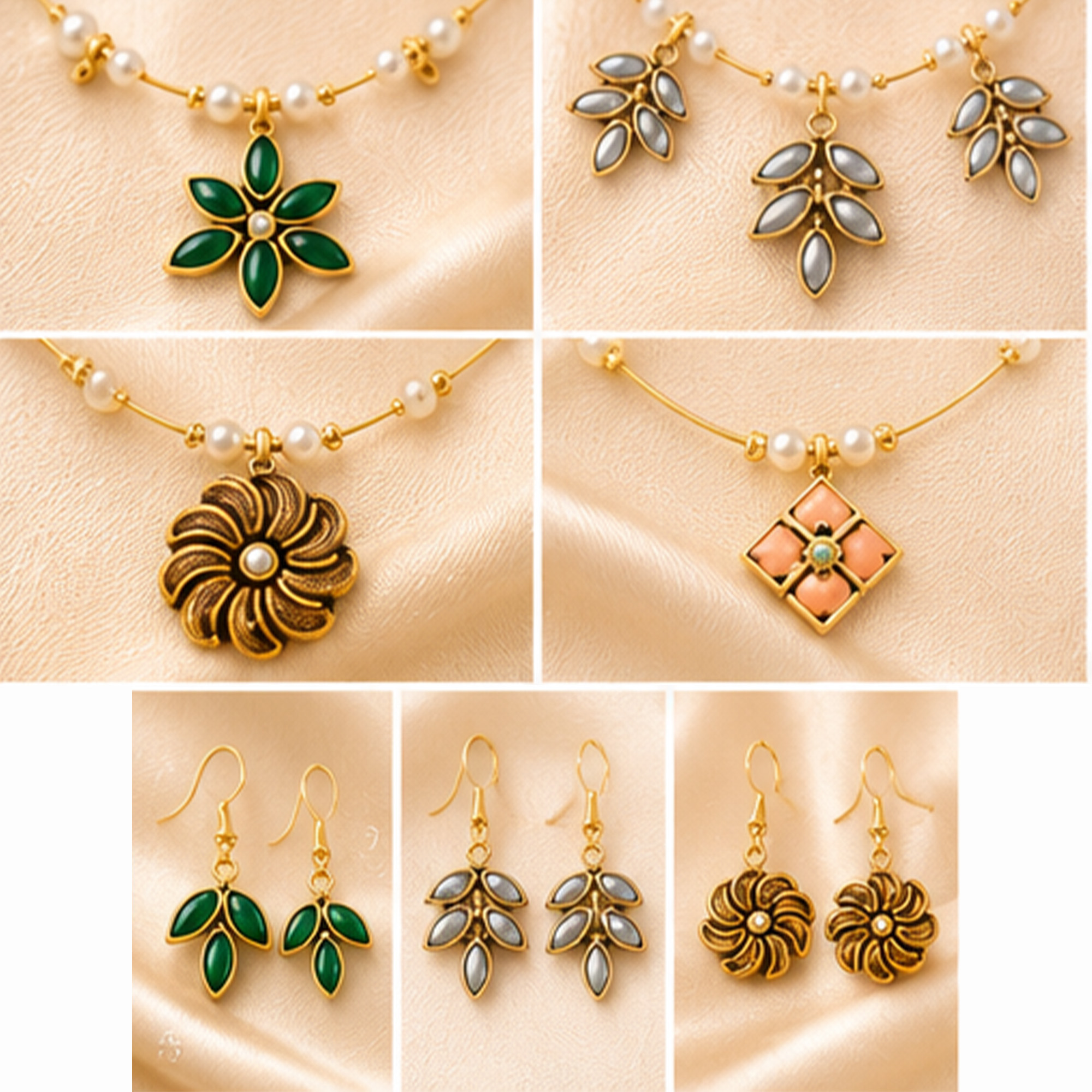 Gold floral invisible chain necklace and matching earrings for women